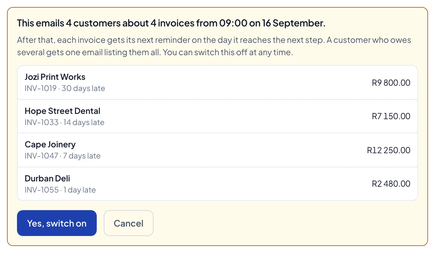 Before switching reminders on: a list of the four customers the first reminders would go to, and how late each is.